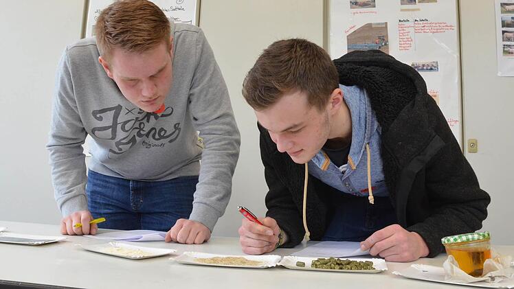 Nicklas Sebald (links) und Wolfgang Mergner müssen Futtermittel und Werkstoffe erkennen. Fotos: Rainer Lutz