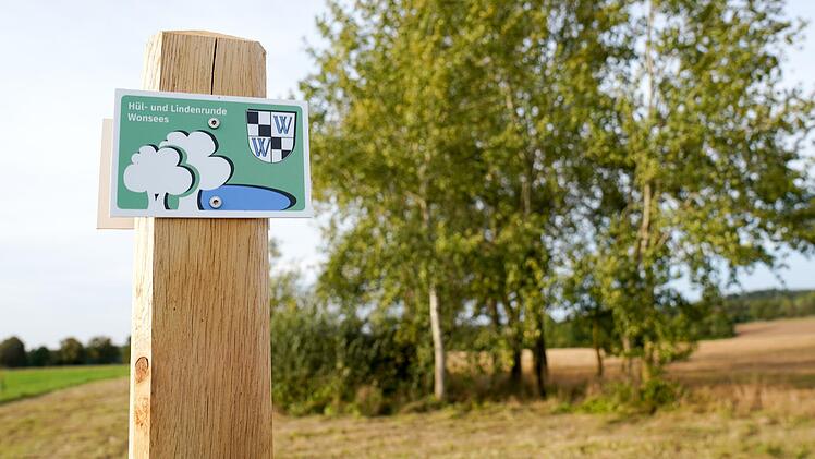 Zwei wei&szlig;e B&auml;ume auf gr&uuml;nem Grund f&uuml;hren den Wanderer auf der "H&uuml;l- und Lindenrunde Wonsees" von Sanspareil aus &uuml;ber die D&ouml;rfer Klein- und Gro&szlig;enh&uuml;l.