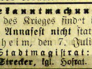 Annafest fällt aus: Bekanntmachung der Stadt Forchheim vom 7.7.1915 aus dem Forchheimer Tagblatt vom 13.7.1915  Foto: Repro Franze