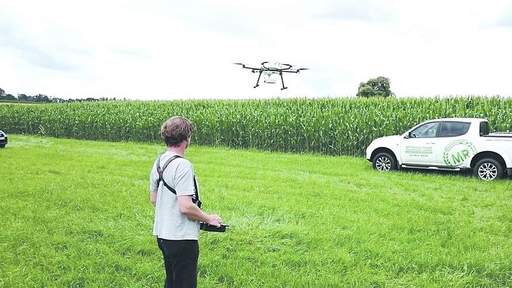 Ein Mitarbeiter des Maschinenrings steuert eine Drohne mit Kapseln zur biologischen Schädlingsbekämpfung über ein Maisfeld. Foto: Maschinenring