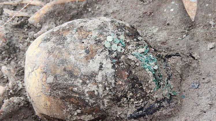 Dieser Schädel wurde mit einer Totenkrone beigesetzt. Es sind noch schwarze Haare zu erkennen. Foto: Thomas Heuchling