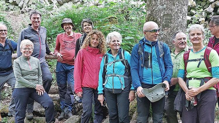 Am Gangolfsberg, an der Prismenwand, stellten sich die zwölf Wanderer zum Foto auf.