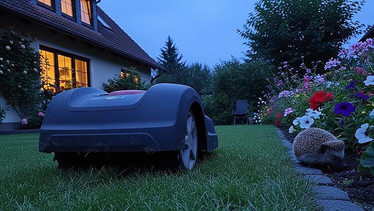 Ein Mähroboter in einem Garten zur Abenddämmerung. Im Hintegrund sieht man einen Igel.