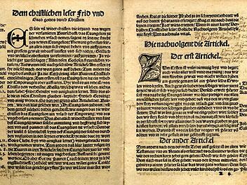 Die 12 Artikel der Bauern wurden vielfach nachgedruckt. In der Landesausstellung ist ein Exemplar aus Regensburg zu sehen, mit zahlreichen handschriftlichen Anmerkungen. Abb.: Staatliche Bibliothek Regensburg