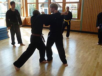 Pierre Dettmann (Dritter von links) übt mit seinen "Schützlingen" den Kampfsport Ninjutsu in der Rodachtalhalle.  Foto: Karl-Heinz Hofmann