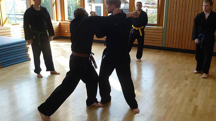 Pierre Dettmann (Dritter von links) übt mit seinen "Schützlingen" den Kampfsport Ninjutsu in der Rodachtalhalle.  Foto: Karl-Heinz Hofmann