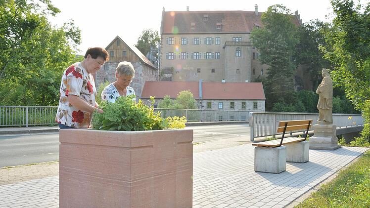 Gestalterisch im Ort aktiv: Brunhilde Hillenbrand, Kassiererin beim Heimat-, Wander- und Gartenbauverein Aschach und die Vorsitzende, Herta Müller (von links), beim Pflegen der Anlagen. Björn Hein