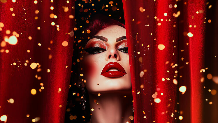 drag queen portrait , red lips, glamour, burlesque, isolated on red velvet curtains background with glitter and golden confetti , copy space banner, LGBTQ+ celebration, pride month promotion