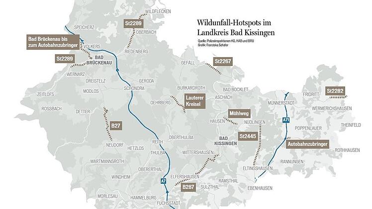 Hotspots im Landkreis Bad Kissingen. Grafik: Franziska Sch&auml;fer. Quellen PIs Hab, Brk und KG