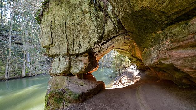 Die Schwarzachschlucht bietet mit ihren bizarren Felsformationen, moosbewachsenen H&ouml;hlen und der idyllischen Landschaft am Kanalufer eine wildromantische Kulisse f&uuml;r Wanderer. Der Rundweg durch das schluchtartige Flusstal, das sich &uuml;ber etwa 2,2 Kilometer erstreckt, befindet sich s&uuml;dlich von Schwarzenbruck im Landkreis N&uuml;rnberger Land in Mittelfranken, Bayern. Benannt nach dem Fluss Schwarzach, markiert die Schlucht die s&uuml;dliche Grenze des Lorenzer Reichswaldes. Die Schwarzach selbst bildet hier die Grenze zwischen dem n&ouml;rdlich gelegenen Landkreis N&uuml;rnberger Land und dem Landkreis Roth.