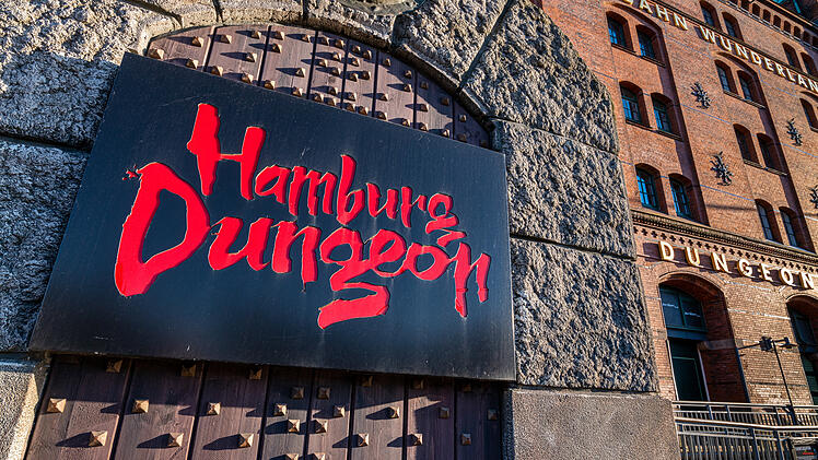 Hamburg, Germany - April 20, 2020: The entrance of the Hamburg Dungeon in the Warehouse District (German: Speicherstadt).