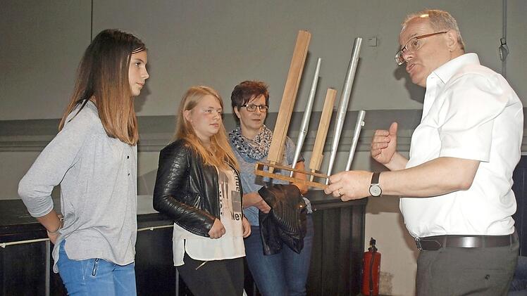Dekanatskantor Marius Popp erklärt mit voller Begeisterung die Funktionsweise einer Orgel anhand der schönen, wohlklingenden Orgel in der Pfarrkirche "Mariae Geburt" in Steinwiesen. Foto: Susanne Deuerling