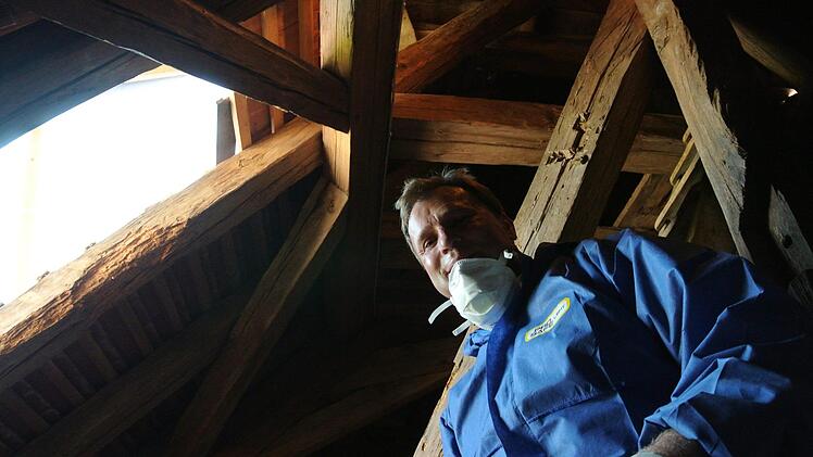 Mathias Höhn kennt jetzt jeden Winkel des Dachstuhls der Georgskirche: Er hat wegen der Lindanbelastung in Schutzbekleidung alles mit seinem Helfer säuberlich abgeblasen und abgewaschen. Fotos: Brigitte Krause