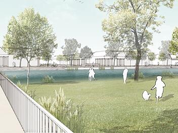 Die "gr&uuml;ne Mitte" in Mainleus soll die Industriebrache "Alte Spinnerei" &ouml;kologisch und optisch aufwerten. Illustration: Gemeinde Mainleus