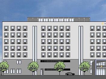 Ansicht des Anger-Hotelprojekts vom Rosengarten aus. Diesen Entwurf zeigten die Investoren in der Stadtratssitzung im April; es handelt sich nicht um die fertige Planung. Grafik: Erhard Soyk