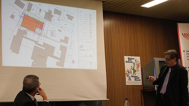 Den endgültigen Plan für die neue Turnhalle am Schulzentrum (farbige Flächen) stellte Bürgermeister Roland Wolfrum am Donnerstag in der Bürgerversammlung vor. Die alte Turnhalle (auf dem Plan links unterhalb des Neubaus) wird abgerissen, wenn die neue Halle steht.Foto: Klaus Klaschka