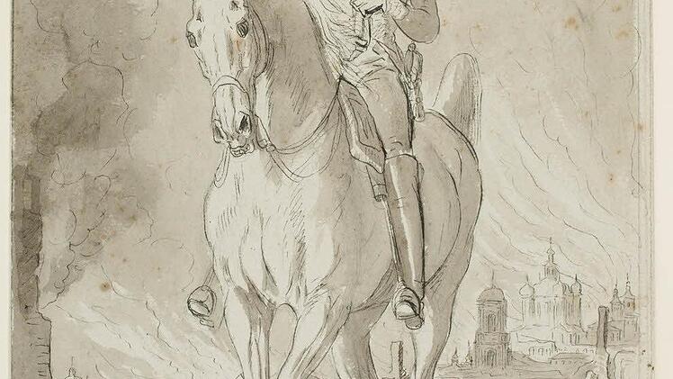 Eugène de Beauharnais zu Pferd im brennenden Moskau. Grafik: Müchner Stadtmuseum