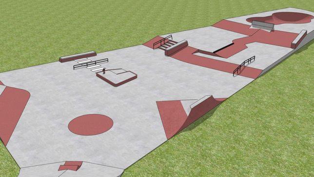 Grauer Beton, rote Rampen, schwarze Rails und verschiedene Hindernisse sind geplant. Repro: Populär Skateparks