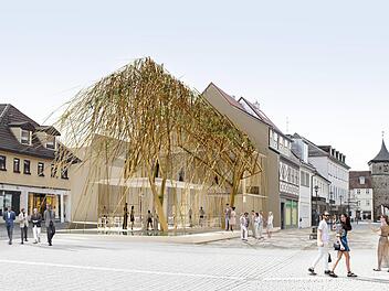 Der Entwurf des renommierten Architekten Peter Haimerl mit Weidenbäumen aus goldbraunem Edelstahl und gläsernem Pavillon steht für eine Verbindung aus Tradition und Moderne der Korbstadt. 3D-Simulation: R+G Beteiligungs-GmbH
