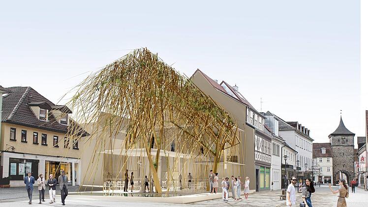 Der Entwurf des renommierten Architekten Peter Haimerl mit Weidenbäumen aus goldbraunem Edelstahl und gläsernem Pavillon steht für eine Verbindung aus Tradition und Moderne der Korbstadt. 3D-Simulation: R+G Beteiligungs-GmbH