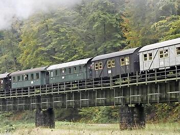 Die Museumsbahn bei der 155 langen Hindenburgbrücke, dem letzten Hindernis vor dem Bahnhof Behringersmühle  Foto: Reinhard Löwisch