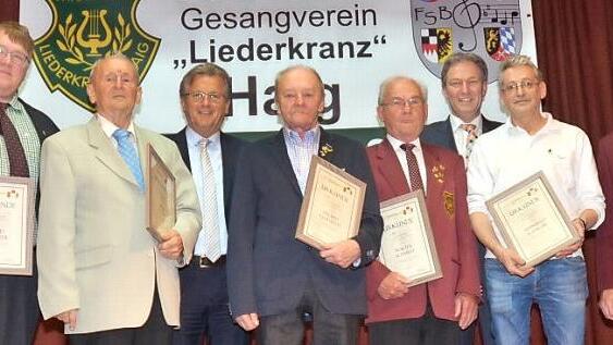 Ehrungen für langjährige Mitgliedschaft gab es beim Gesangverein "Liederkranz" Haig. Das Bild zeigt von links Gerd Zehnter, Hans Rauh, Bürgermeister und Schirmherrn Rainer Detsch, Helmut Gebhardt, Walter Schmidt, Landrat Klaus Löffler, Manfred Schagar und Vorsitzenden Markus Endes. Fotos: Karl-Heinz Hofmann