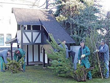 Mitarbeiter des städtische Garten- und Friedhofsamtes bereiten den Aufbau der Krippe am Schönleinsplatz vor. Foto: Stadt Bamberg