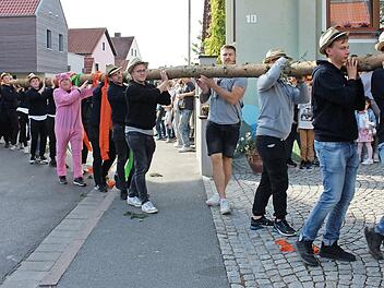 Fast geschafft, der Baum wird in die Hofeinfahrt getragen.