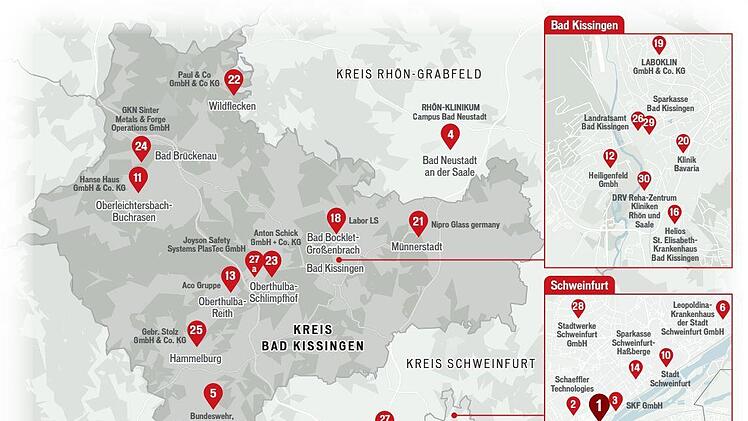 Ausschlaggebend  für die Karte und die Liste war die Mitarbeiterzahl. Unternehmensstandorte außerhalb der Region wurden bei den Mitarbeiterzahlen nicht dazu gezählt. Grafik: Dagmar Klumb