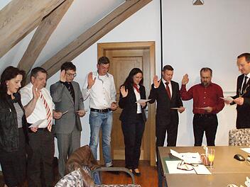 Sieben neue Eltmanner Stadträte legten vor Bürgermeister Michael Ziegler (rechts) den Amtseid ab. Von links: Isabella Friedrich, Thomas Pflaum, Jens Witthüser, Thomas Bauerschmitt, Julia Müller, Joachim Stark und Herbert Nölscher. Fotos: Sabine Weinbeer/Archiv