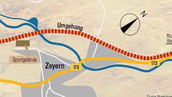 Bisheriger Verlauf der Bundesstraße 173 (unten) und Trasse der dreistreifigen Umgehung (oben).Quelle: Staatliches Bauamt / FT-Grafik: Dietmar Rothe