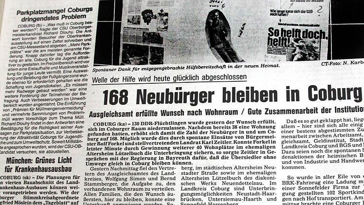 Das Tageblatt vom 4. Oktober 1990: Auf einem Plakat dankten die Flüchtlinge aus der DDR den Coburgern für ihre spontane Hilfe.  Repro: C. Lehmann