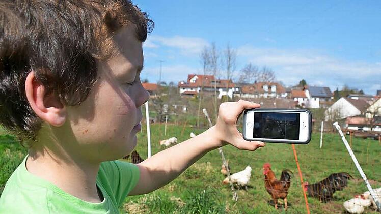Hier ist Paul dabei, die Hühner auf Nachbars Wiese zu fotografieren. Am besten gefällt ihm, wenn sich die Hühner zoffen und jagen. Dann ist die Herausforderung beim Fotografieren größer. Fotos: Kathrin Kupka-Hahn