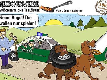 Mit einer spektakulären Demonstration ihrer  Unbedenklichkeit bewarben sich die Schoßhündchen Ed und Fred um ein Praktikum als neuer Sicherheitsdienst  am Oberauhof. Karikatur: Jürgen Scheibe