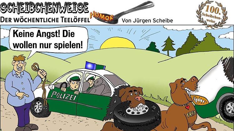 Mit einer spektakulären Demonstration ihrer  Unbedenklichkeit bewarben sich die Schoßhündchen Ed und Fred um ein Praktikum als neuer Sicherheitsdienst  am Oberauhof. Karikatur: Jürgen Scheibe