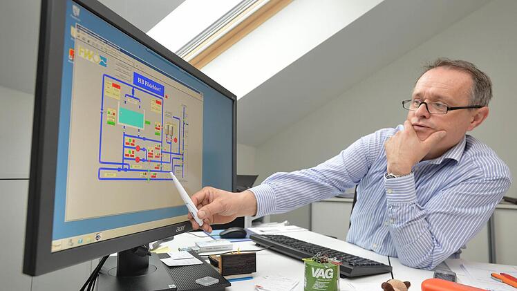 Michael Rüger kann auf seinem Bildschirm in der FWO-Zentrale in Kronach das komplette Rohrnetz überwachen. Foto: Ronald Rinklef