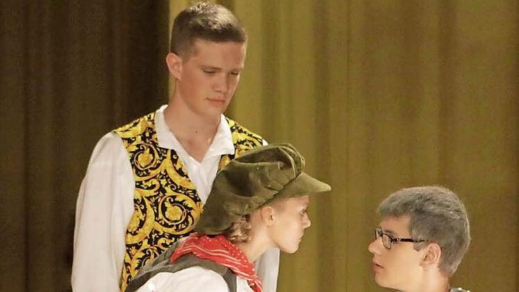 Der Graf Dominik Müller und sein Diener Bendikt Libner werden von der verkleideten Comtesse um Hilfe gebeten.