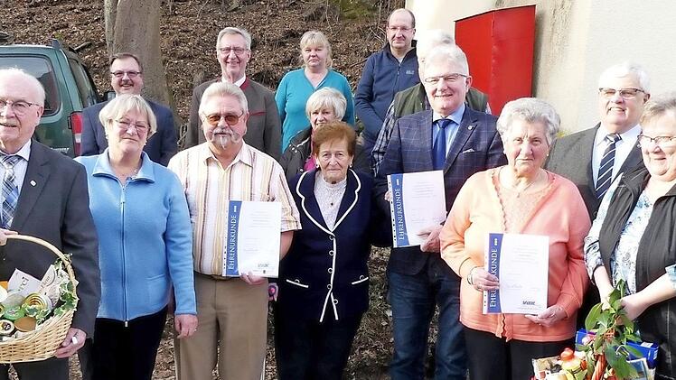Geehrte und Offizielle des VdK-Ortsverbands; im Bild (vorne, von links) Willi Bechmann, Gunda Ludwig, Dieter Eichner, Ruth Riegel, Bürgermeister Günther Hübner, Anni Opel, Walter Herrmann und Renate Opel sowie (dahinter, von links) Albert Kolb, Vorsitzender Alfred Baumgärtner, Monika Kuhmann, Christine Karl, Harald Riegel und Helmut Hofmann (verdeckt) Dieter Hübner