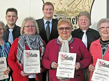 Urkunden und Ehrennadeln für ein viertel Jahrhundert Treue zum TSV Sonnefeld nahmen entgegenn (vorne, von links): Inge Kurz, Dagmar Friedrich, Ingrid Kohlhaupt, Hannelore Müller, (hinten) Patrick Scheler, Michael Keilich und Dieter Reißenweber. Foto: Klaus Oelzner