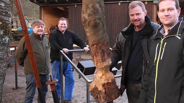 An der Gerätehalle des Wildparks wird getüftelt: Adalbert Löhr von der Tierparkverwaltung, Schweißer Klaus Steiner, Alexander Maunz vom Tierpark und Thomas Heyne von der Uni Würzburg inmitten der Fortschritte. Schautafeln und Exponate sollen den Besuchern den Europäischen Biber ins Bewusstsein rücken.