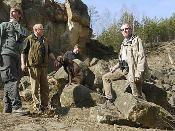Was war denn das für ein Geräusch? Es dauerte nicht lange, bis sich Sebastian Weigand, Albert Schrenker, Alexander Ulmer und Frank Reißenweber (von links) einig waren, dass sich da ein großer Kolkrabe lautstark darüber beschwerte, dass das Quartett inklusive Jagdhund Ella im Dietzenloch unterwegs war. Foto: Berthold Köhler