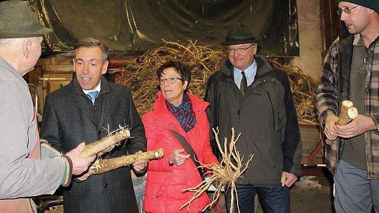 Helmut (l.) und Werner Haberkamm (r.) informierten Alexander Tritthart, Agnes Eger und Horst Krehn (v. l.) über die Meerrettichernte. Foto: Johanna Blum