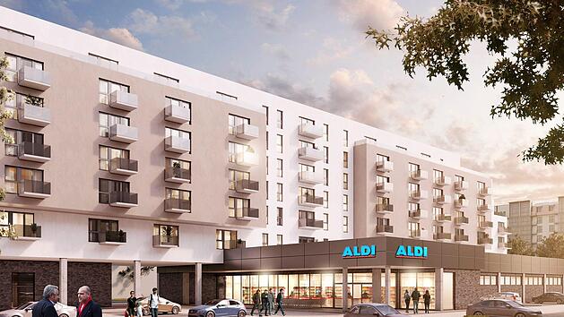 Die Computer-Darstellung zeigt ein vom Discounter Aldi geplantes Wohnprojekt in Berlin Lichtenberg.    Foto: Aldi/dpa