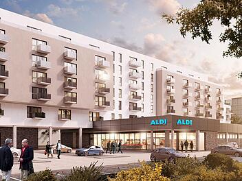 Die Computer-Darstellung zeigt ein vom Discounter Aldi geplantes Wohnprojekt in Berlin Lichtenberg.    Foto: Aldi/dpa