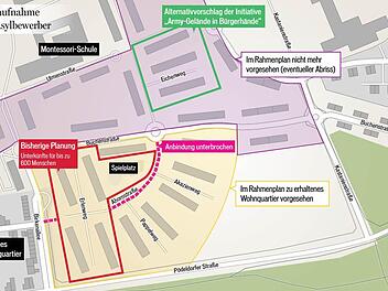 Die Planung mit dem bisherigen und dem alternativen Standort einer Erstaufnahmeunterkunft.   Grafik: Höfler