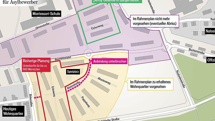 Die Planung mit dem bisherigen und dem alternativen Standort einer Erstaufnahmeunterkunft.   Grafik: Höfler