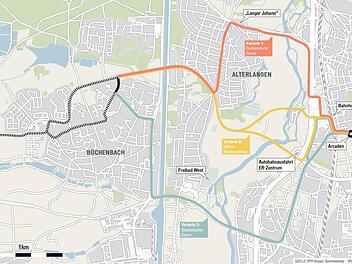 Die Karte zeigt mögliche Varianten, wie die Stadt-Umland-Bahn (StUB) einmal den Wiesengrund im Regnitztal zwischen Erlangen, Alterlangen und Büchenbach überqueren könnte. Grafik: Mich Haller/Fränkischer Tag, Quelle: Zweckverband Stadt-Umland-Bahn