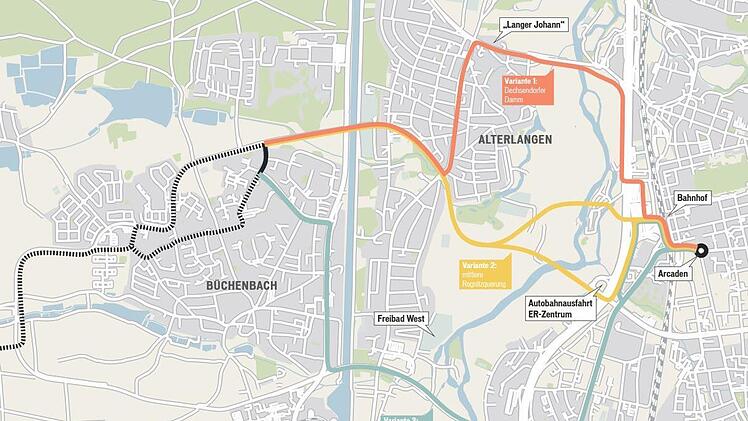 Die Karte zeigt mögliche Varianten, wie die Stadt-Umland-Bahn (StUB) einmal den Wiesengrund im Regnitztal zwischen Erlangen, Alterlangen und Büchenbach überqueren könnte. Grafik: Mich Haller/Fränkischer Tag, Quelle: Zweckverband Stadt-Umland-Bahn