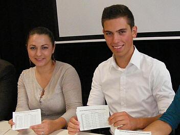Bürgermeister Gerald Brehm (links) und Jugendpflegerin Julia Weiland (rechts) präsentierten nicht nur die beiden Kandidaten Christina Ryschnapov und Johannes Lorz, sondern auch die frisch gedruckten Wahlzettel für den 4. Oktober.  Foto: Mona Lisa Eigenfeld
