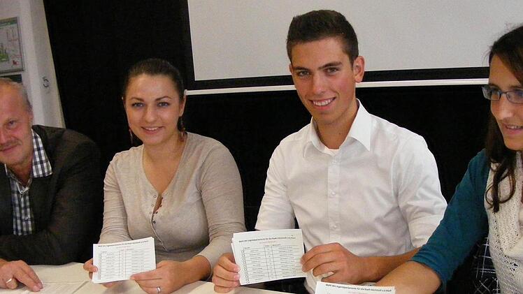 Bürgermeister Gerald Brehm (links) und Jugendpflegerin Julia Weiland (rechts) präsentierten nicht nur die beiden Kandidaten Christina Ryschnapov und Johannes Lorz, sondern auch die frisch gedruckten Wahlzettel für den 4. Oktober.  Foto: Mona Lisa Eigenfeld